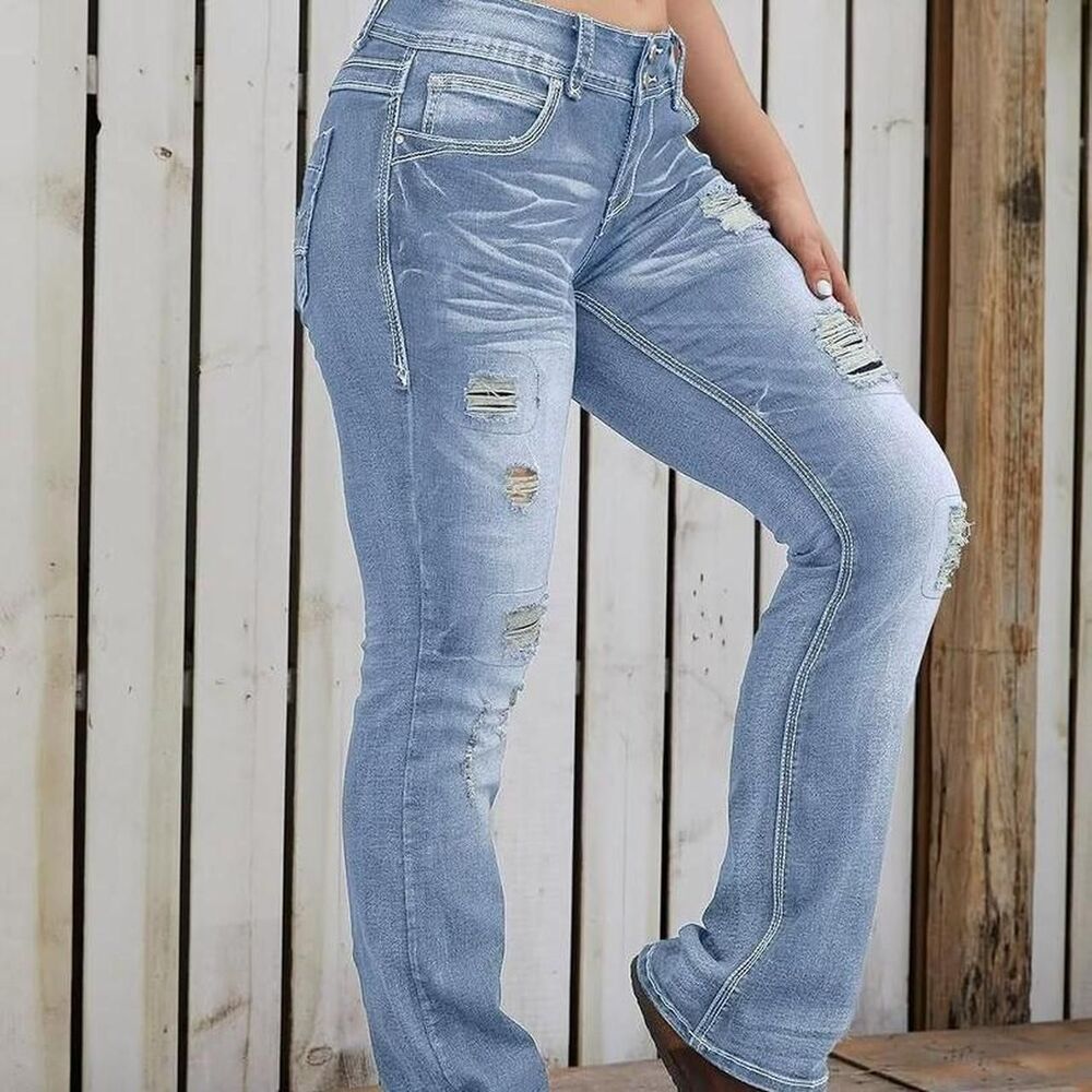 Flamingals Women's Distressed Bootcut Blue Jeans